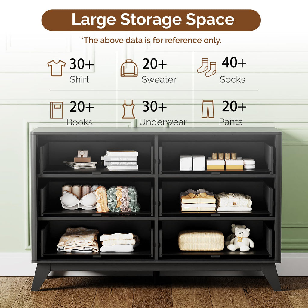 Black Fluted 6 Drawer Dresser with Rounded Edges, Black Modern Dresser, 46.8" W*15.5" D*31" H