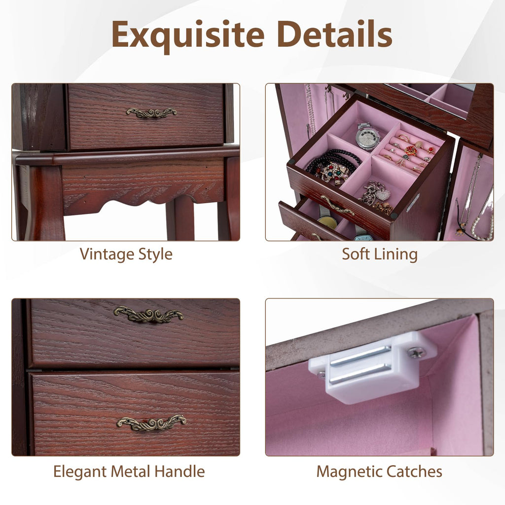 Standing Jewelry Cabinet with 4 Drawers, Flip Top Mirror, Walnut