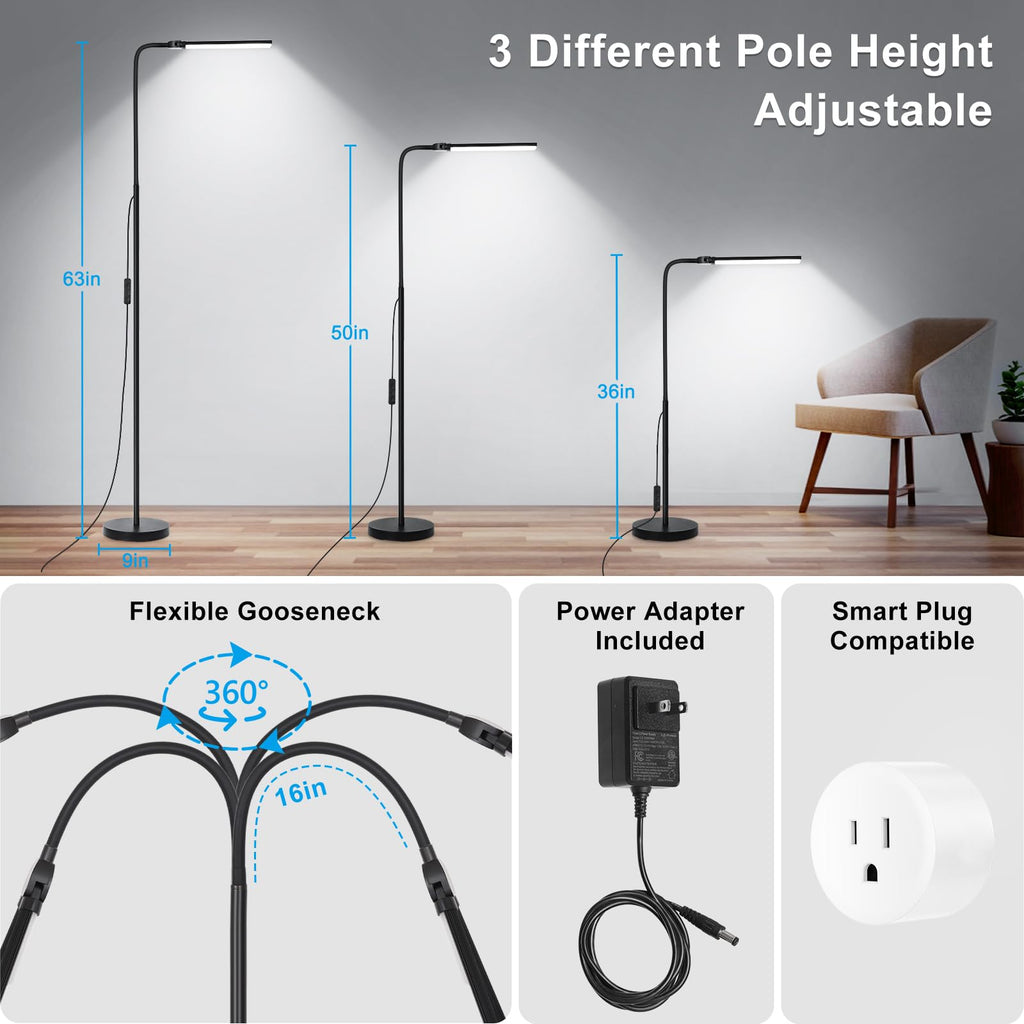 LED Floor Lamp, 18W/2000LM Bright Reading Floor Lamp with Double Head, Adjustable Gooseneck Dimmable Modern Standing