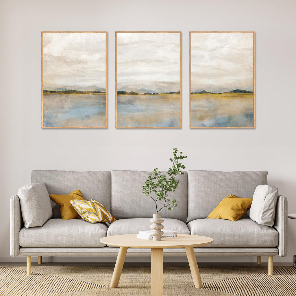 Large Abstract 3 Piece Wall Art 16x24, Neutral Distant Mountain Wall Decor, Watercolor Beige Dusty Nature Landscape