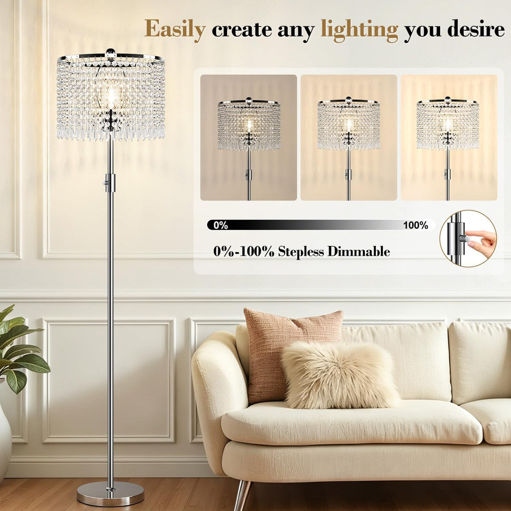 Upgraded: Dimmable Crystal Floor Lamps, 1000LM LED Bulb Included, Standing Lamp with Knob Switch, Tall Silver Modern