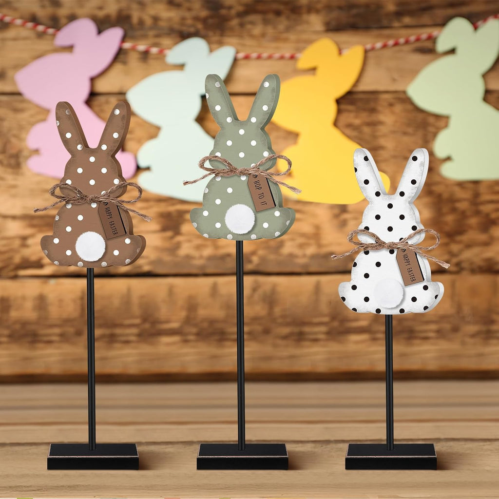 Easter Bunny Table Decorations Wooden Bunny Tabletop Decor Rustic Rabbit Tall Standing Sign Block Farmhouse - Set of 3