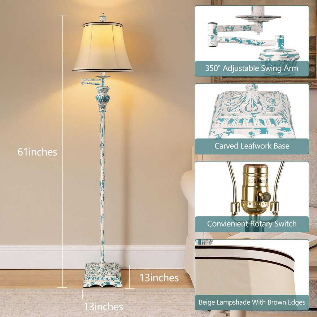 Vintage Floor Lamps, Traditional 350° Adjustable Swing Arm Farmhouse Floor Lamp, Rustic Standing Lamp Pole Lamps for