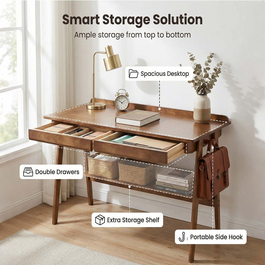 Solid Wood Writing Desk with Drawers, 47" Mid-Century Modern Walnut Desk with Storage Shelf and Side Hooks, Home