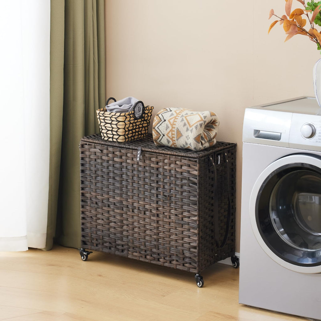 Hamper with Wheels, 34.3 Gallon(130L) Rolling Laundry Basket with Lid, 3-Section Rattan Clothes Hamper with 3