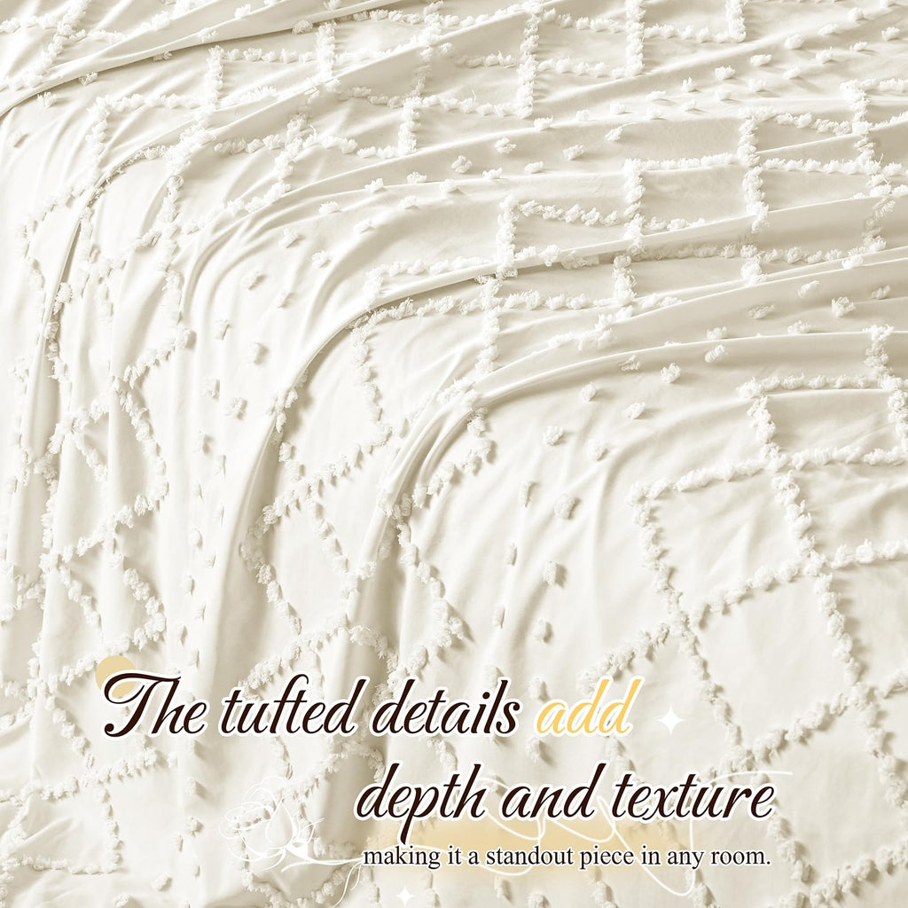 Beige Tufted Duvet Cover Set, 5 Piece Boho Queen Bedding
