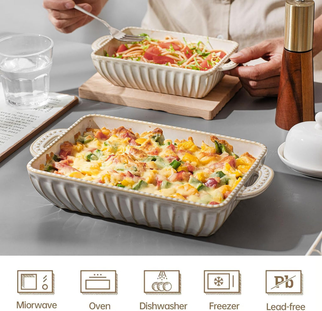 Ceramic Dish Set of 3, Rectangular Casserole Dishes for Oven Lasagna Pan with Handles Cooking, Housewarming Wedding
