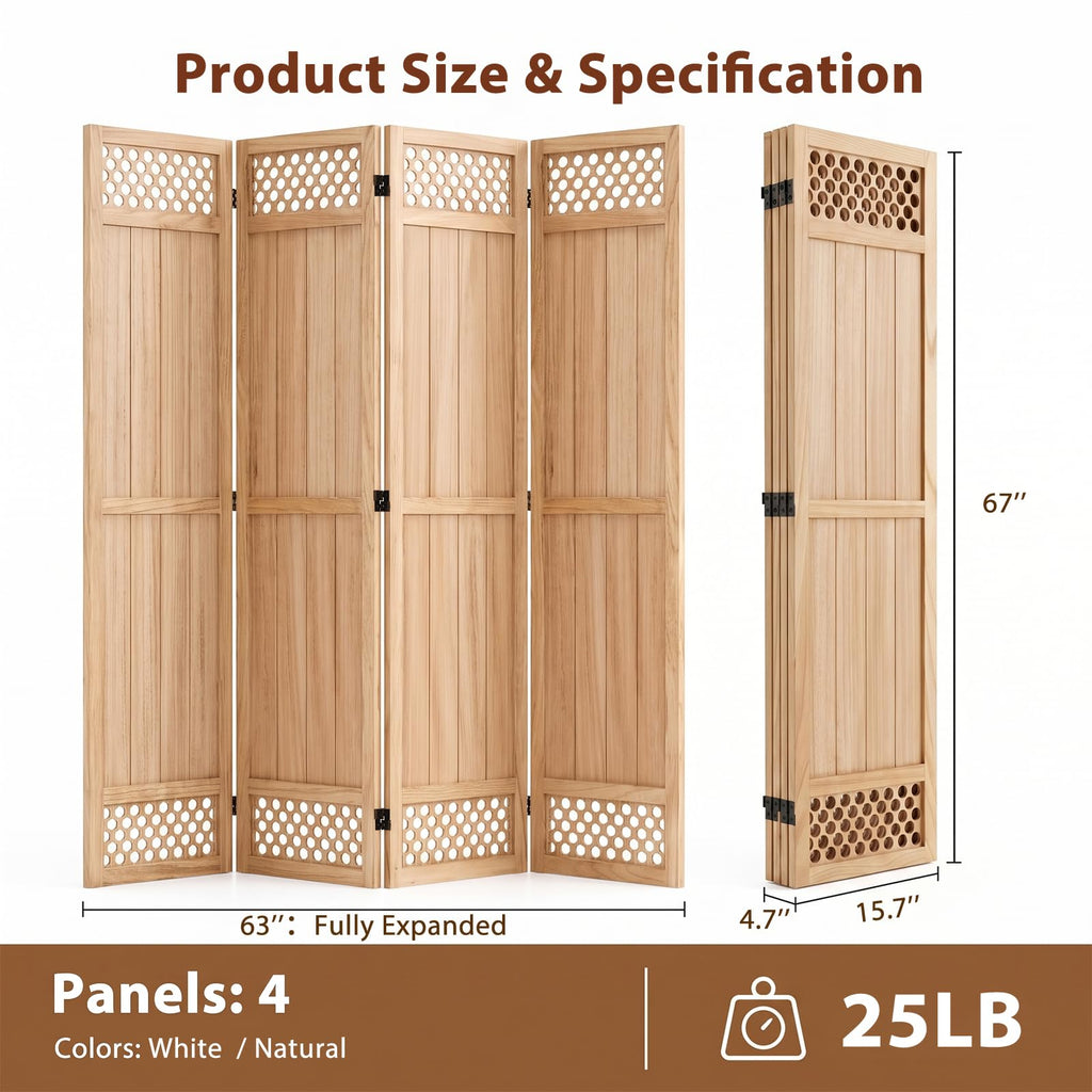 Wood Room Divider Privacy Screen, Natrual Carved Room Divider 4 Panel 67"