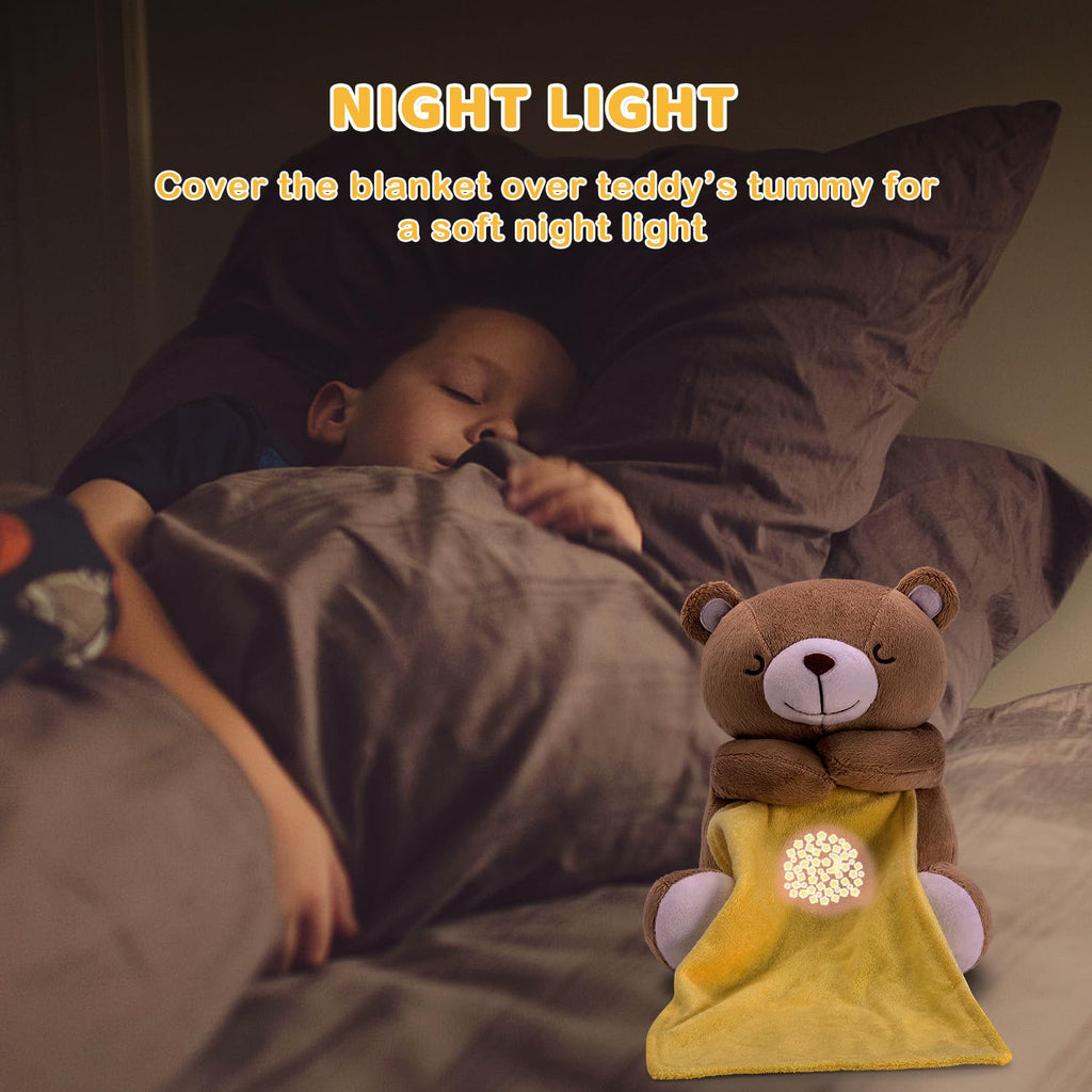 Rechargeable Baby Sleep Soother Bear, Nursery Decor Night Light Projector, Mom's Heartbeat Cry Sensor Lullabies White