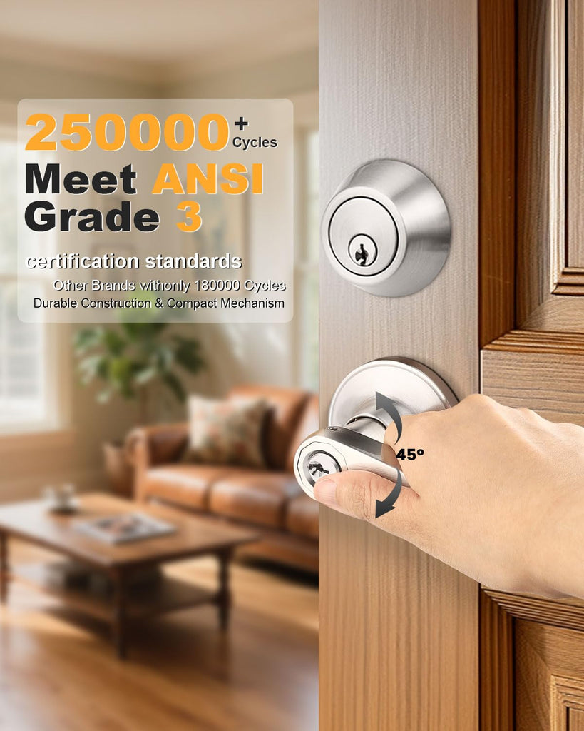 Keyd Alike Entry Door Handle and Single Cylinder Deadbolt Combo Locksets in Satin Nickel, Wave Style Lever with Lock