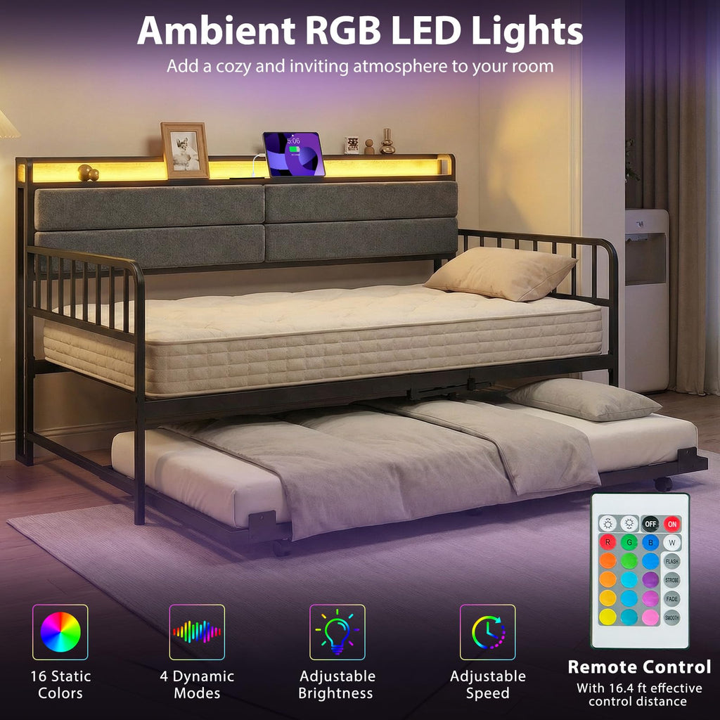 Twin Size Daybed with Trundle & LED Light, Metal Bed Frame with Upholstered Storage Headboard & Charging Station