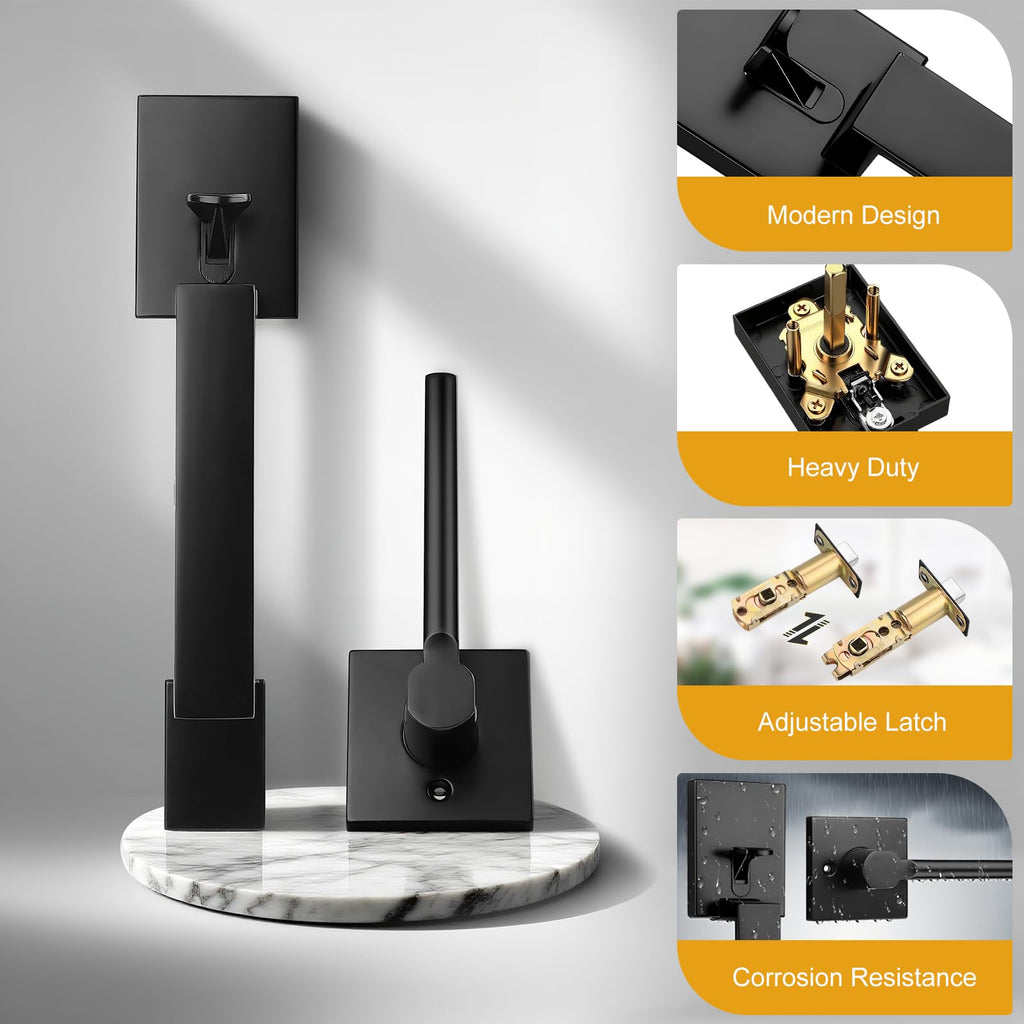 Black Front Door Handle Set, Exterior Door Handle, Modern Heavy Duty Square, Passage Door Handleset Reversible for