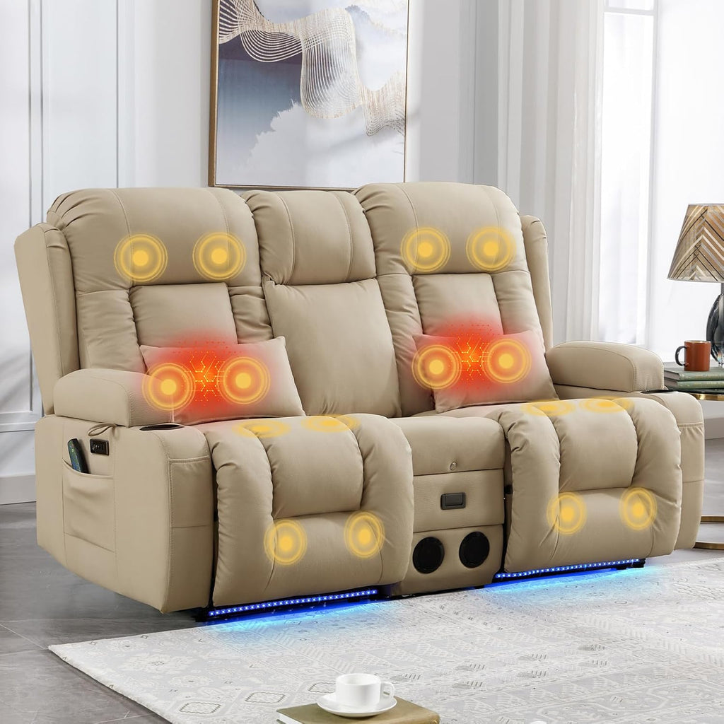 Power Loveseat Recliner Sofa with Flip-Up Backrest Console, Bluetooth Speakers, Drawer, AC Outlet, LED Light
