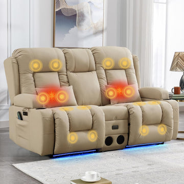 Power Loveseat Recliner Sofa with Flip-Up Backrest Console, Bluetooth Speakers, Drawer, AC Outlet, LED Light