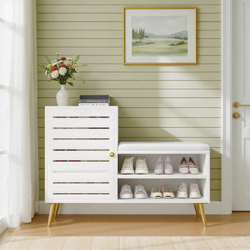 Shoe Storage Bench with Door&Shelf, Entryway Bench with Seat Cushion, L-Shaped, White