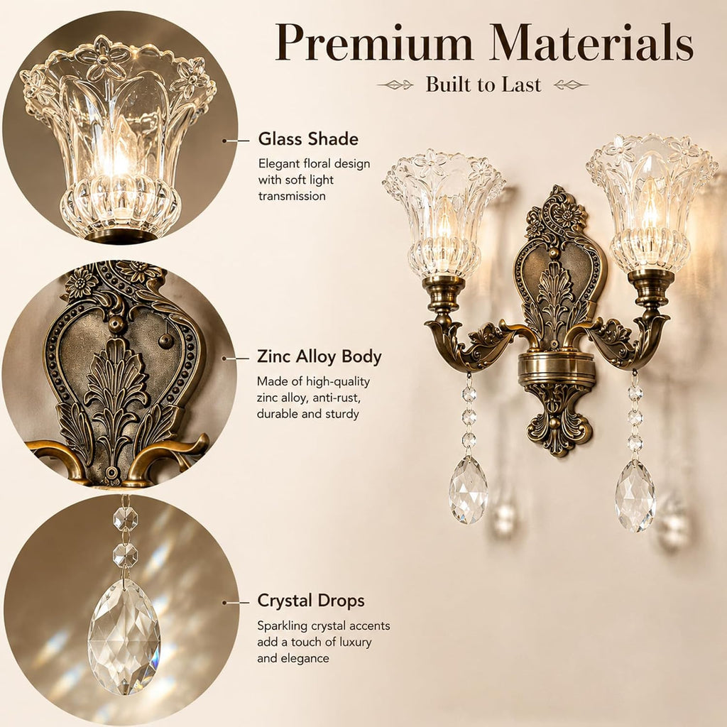 Vintage Style Crystal Sconces,2-Lights Design,3000K Warm Light | Zinc Alloy Body,K9 Crystal Pendant,Floral Glass