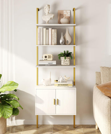 73" Tall Bookshelf with Cabinet, Industrial Ladder Wall Mount Shelf Bookcase with Wood and Metal Frame, Plant Shelf