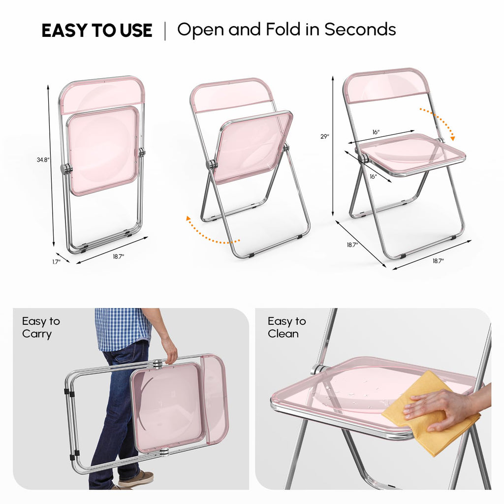 Acrylic Folding Chairs 4 Pack, Clear Chair Foldable and Stackable, Plastic Panel & Metal Chrome Frame, Weight