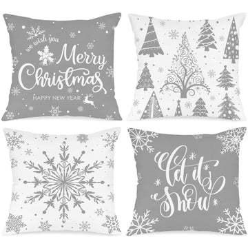White and Grey Christmas Throw Pillow Covers 24x24 Set of 4, Decorative 24 inch Gray Winter Snowflake Xmas Cushion