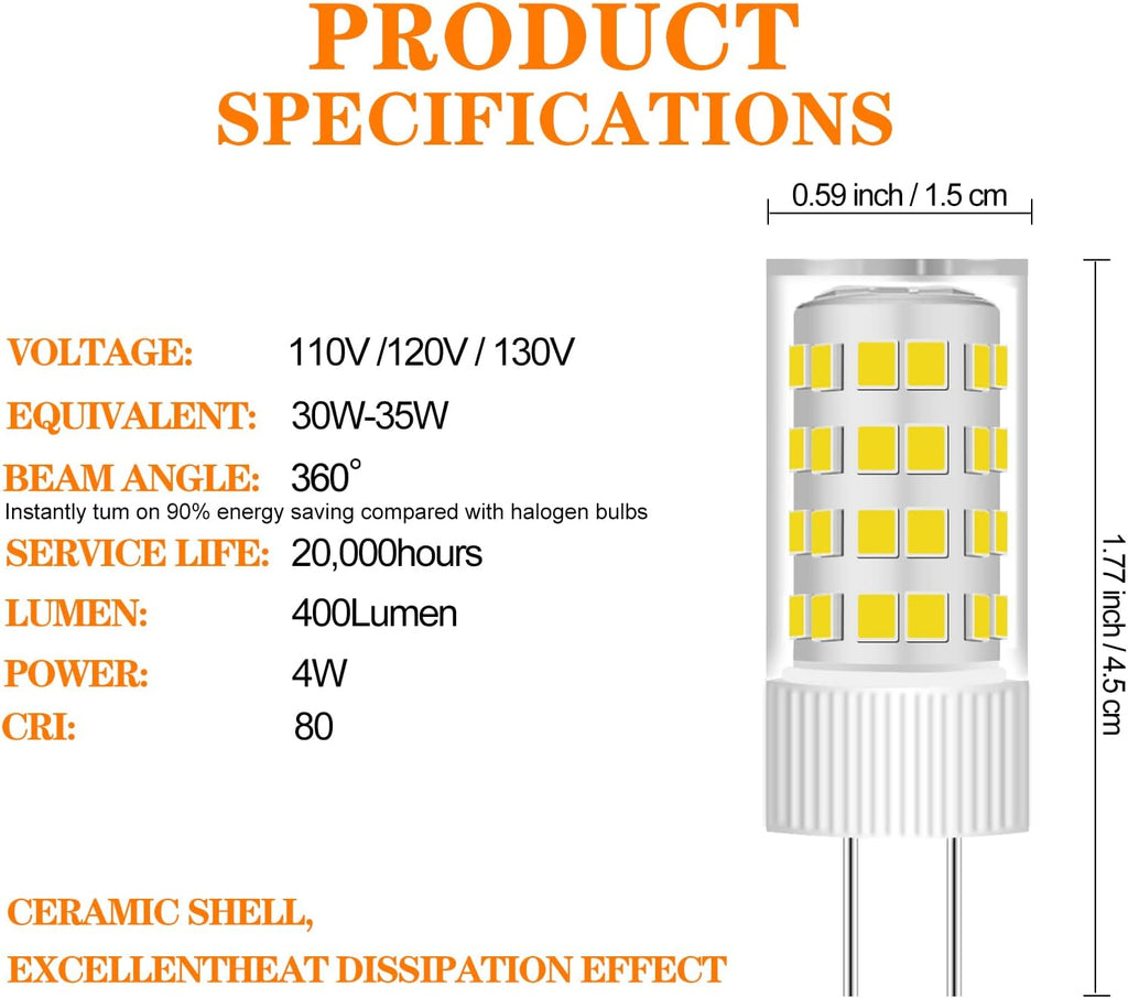 G5.3 T4 LED Bulb 4W 110V 6000K Daylight Bi-Pin 2-Pack