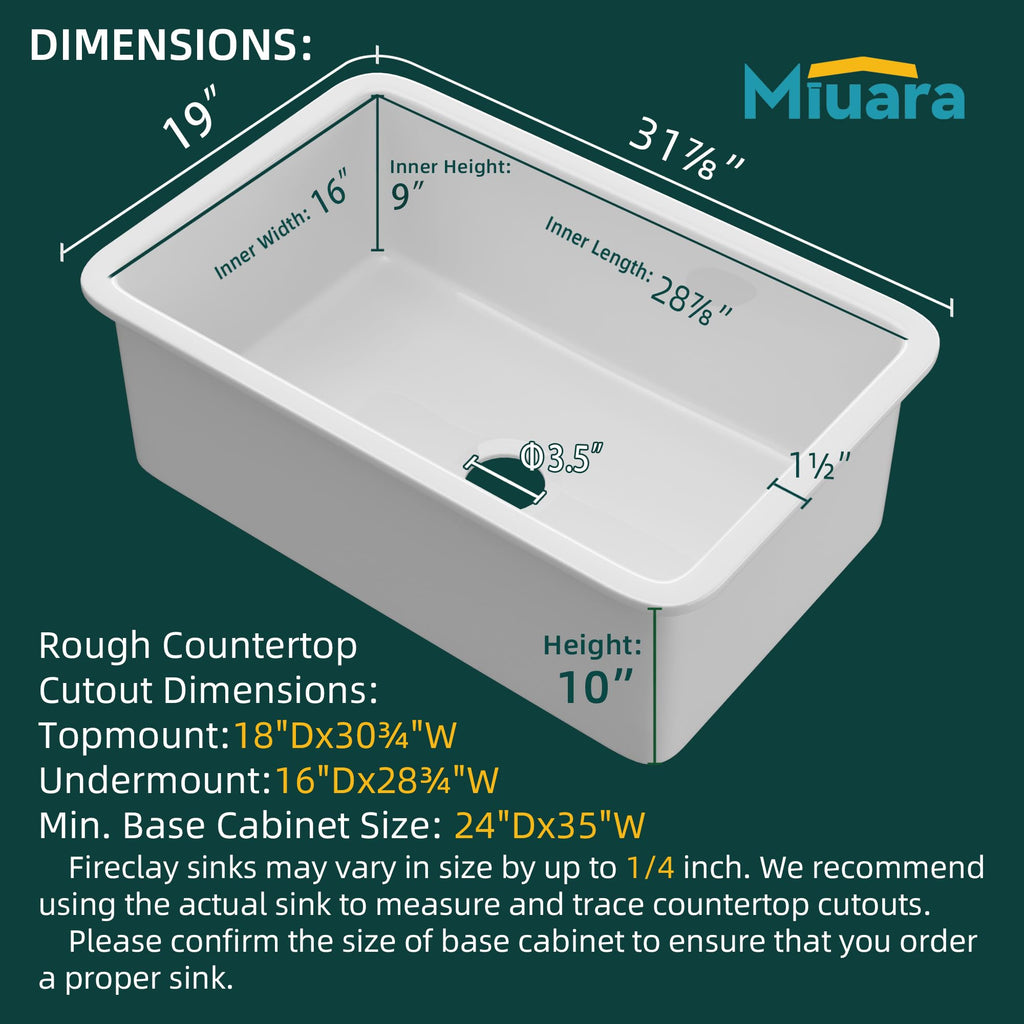 32 x 19 Inch Undermount or Drop In Fireclay Kitchen Sink White