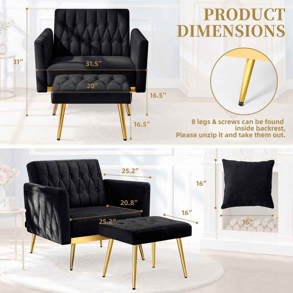 Velvet Accent Chair w/Ottoman & Adjustable Backrest, Black