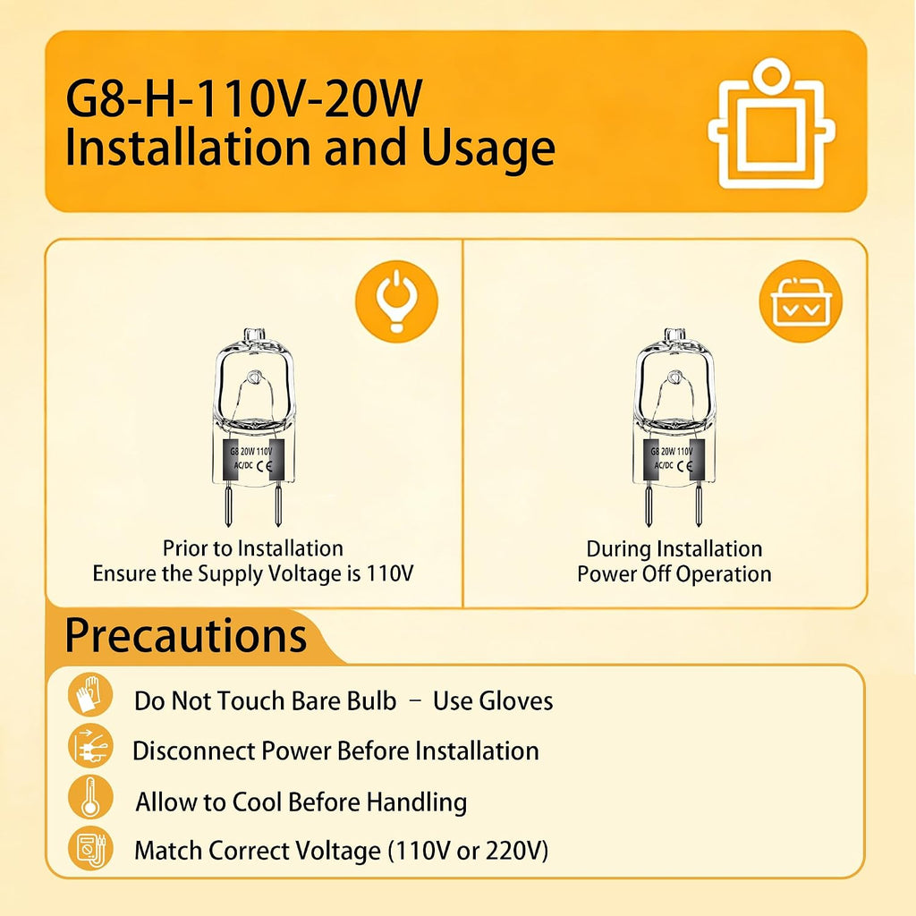 G8 Halogen Bulbs 110V 20W-50W Dimmable Bi-Pin G8 JC T4 Clear Capsule for Under Cabinet, Accent, Puck & Task Lighting