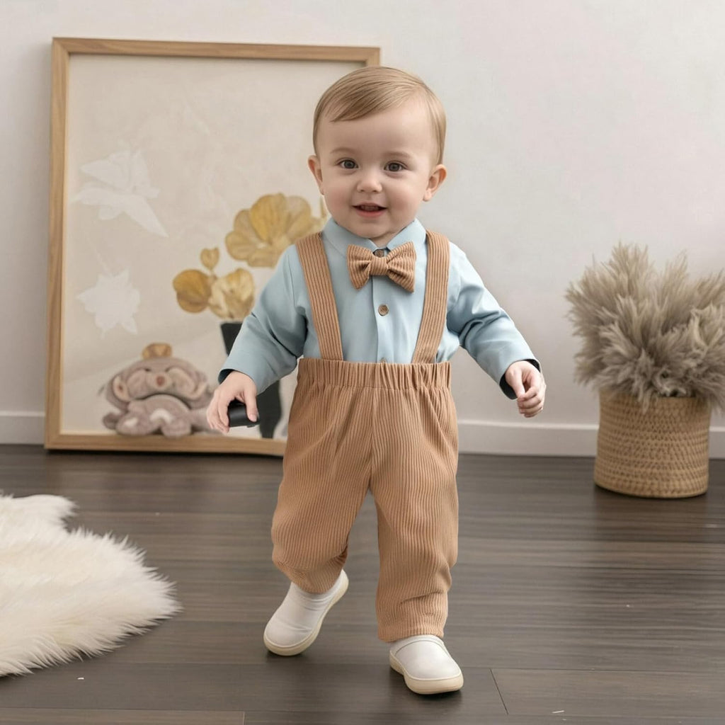 Newborn Baby Boy Fall Outfit Formal Long Sleeve Romper Bow Tie Corduroy Overalls Suspender Pants Set Suit Clothes
