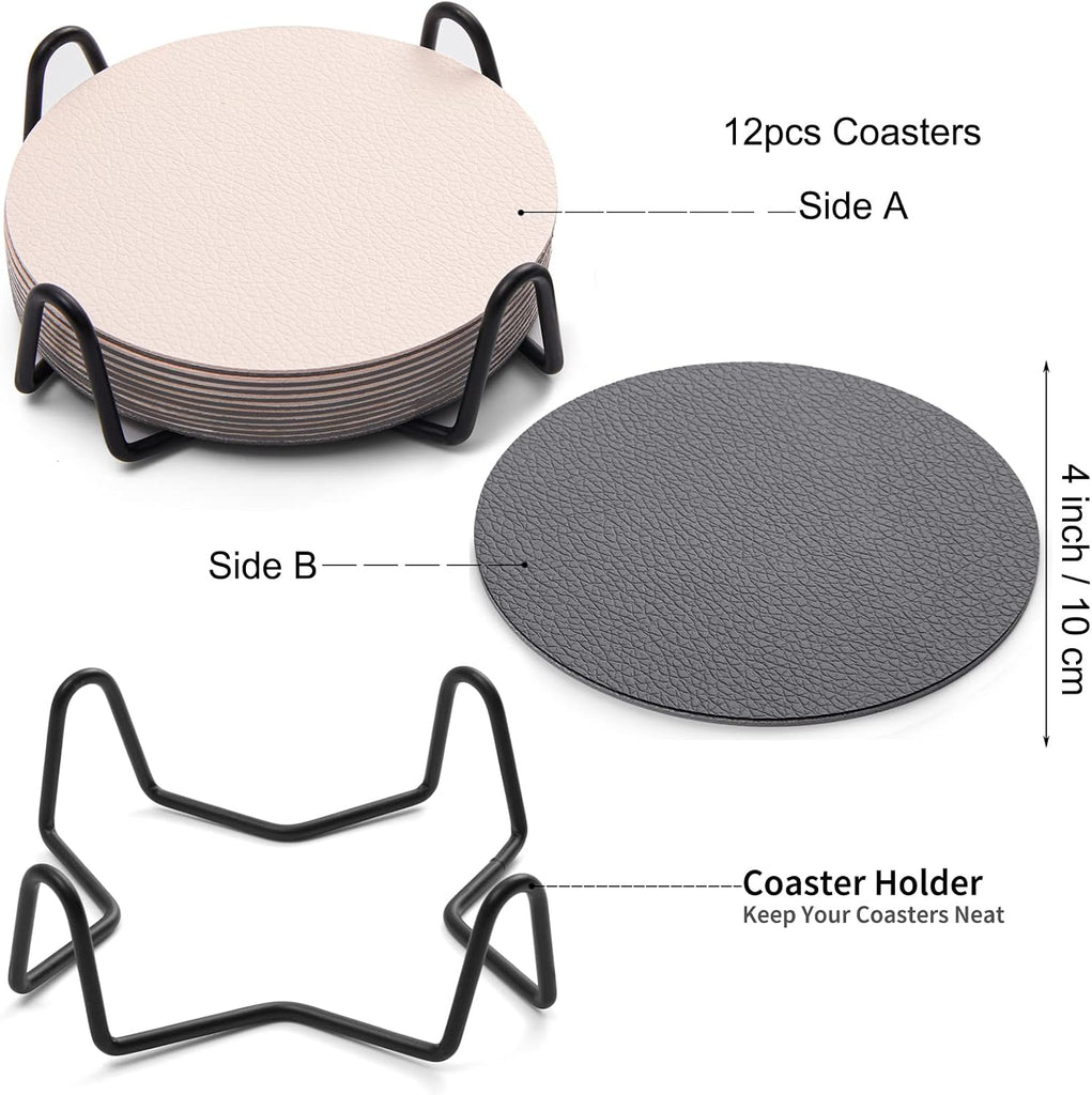Faux Leather Drink Coasters with Holder, Dual Sided Sets of 12