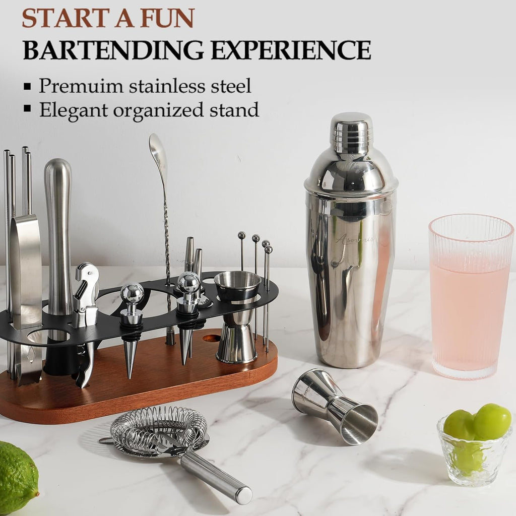 23-Piece Cocktail Shaker Set with Stand, 304 SS, Bartender Kit Gift - Set of 23