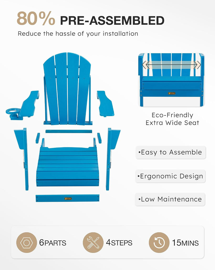 Folding Adirondack Chair Wood Texture, Patio Chairs Weather Resistant, Outdoor Chair, Lawn Chair with Cup Holder