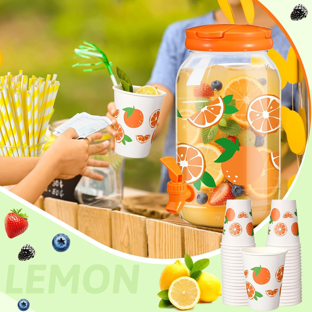 Tree Clear Plastic Drink Dispenser with 12 oz Tropical Paper Cups 1 Gallon Kitchen Fridge Beverage Dispenser - Set of 20
