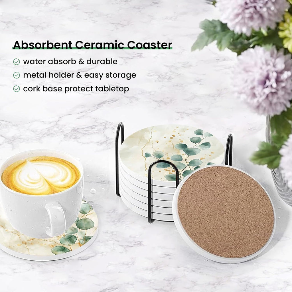 Eucalyptus Green Leaves Beige Marble Coasters for Drinks,Round Absorbent Ceramic Stone Coaster with Metal - Set of 6