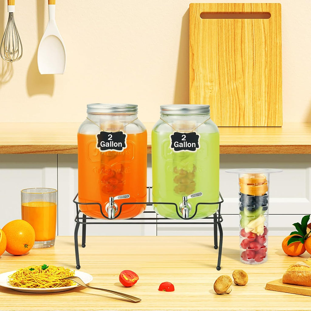 2 Gallon with Stand & Fruit Infuser, Stainless Steel Spigot - for Parties, Drink Dispensers with Lids for Lemonade
