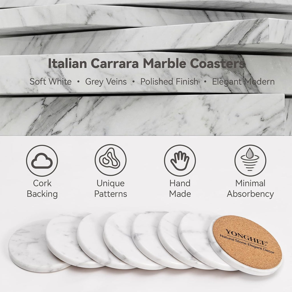 Soft White Marble Coasters, Modern Elegant Drink Coasters for Dining Table, 4" Round Polished Natural White - Set of 8