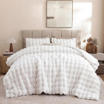 King Faux Fur Soft Comforter Set, Fluffy White Rabbit Fur Comforter | Warm Thick King Size Bedding Set,Super Fluffy