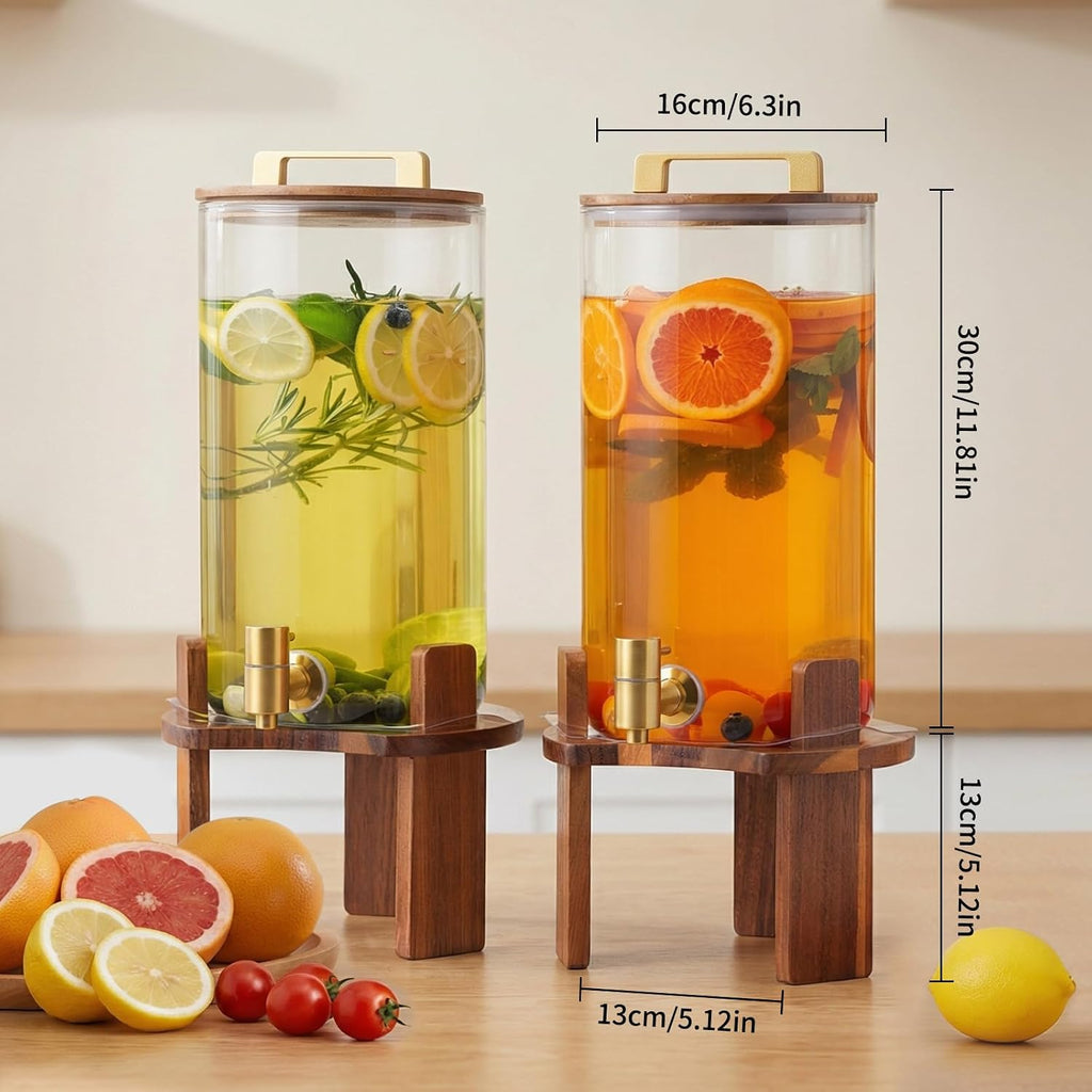 1.5 Gallon Glass Drink Dispenser, Beverage Dispenser With Wood Stand, Lid and Stainless Steel Spigot, Large - Set of 2