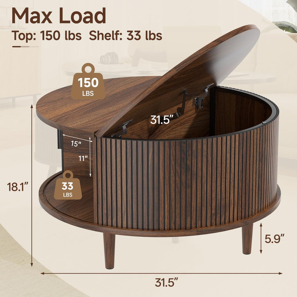 Round Coffee Table with Storage, 31.5", Walnut