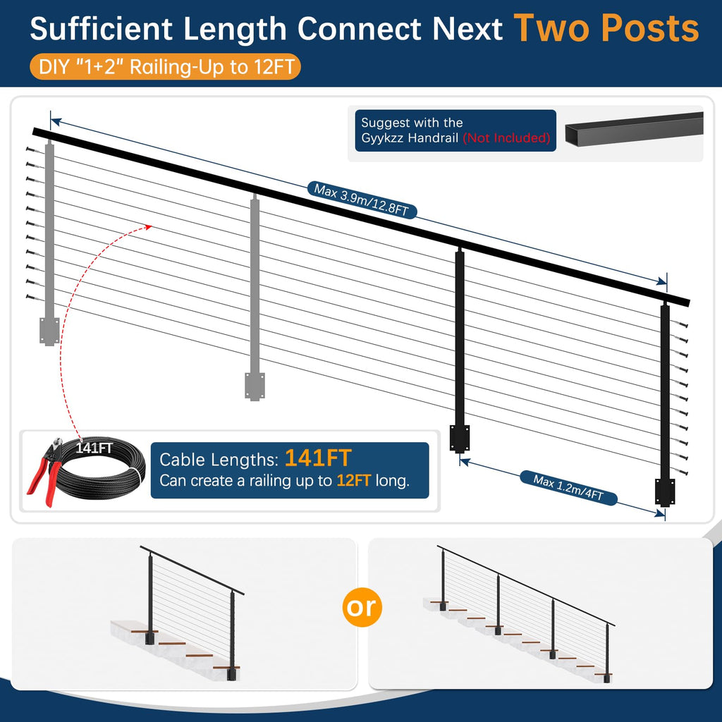 4-12FT Swageless Left Side Mount Stair Post Kit for 36"/42" Railing