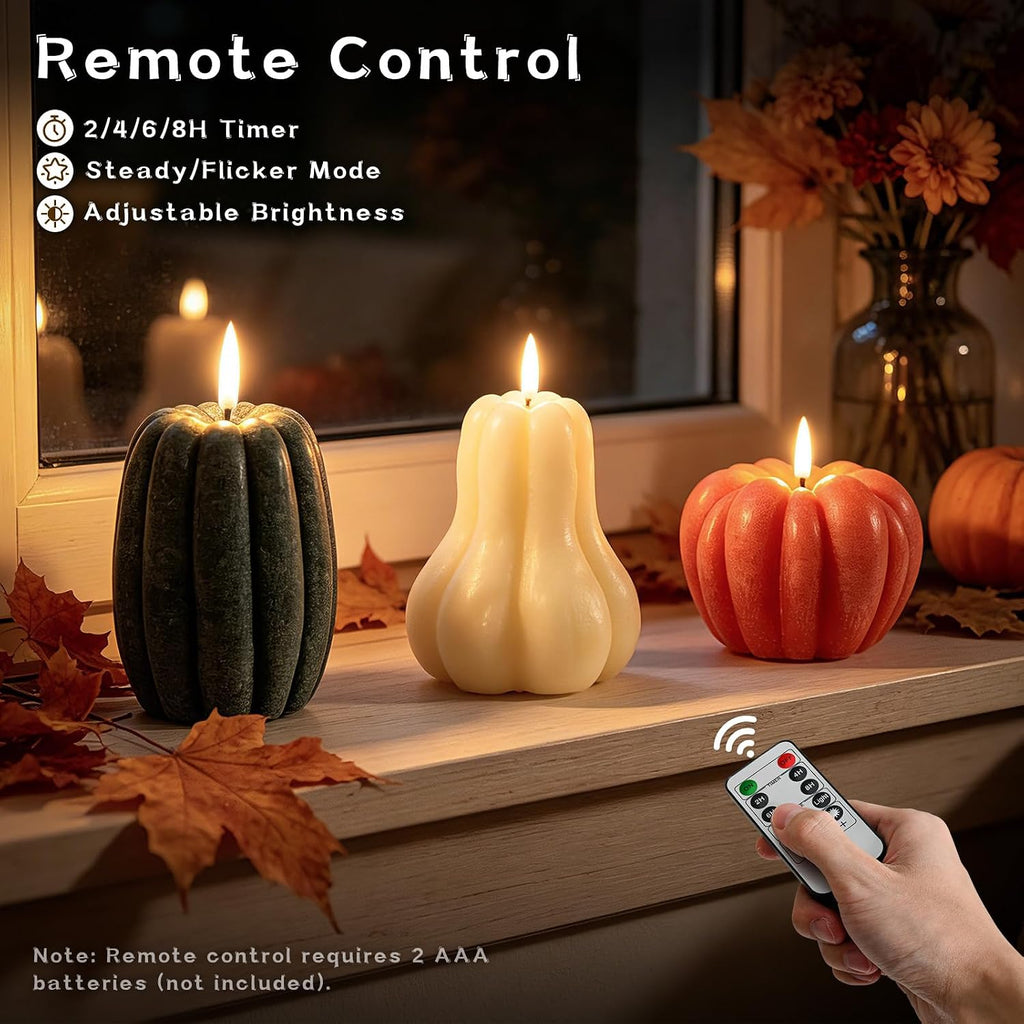 Fall Pumpkin Flameless Candle, LED Battery Operated Pumpkin Candle Light with Remote, Real Wax 3D Flickering - Set of 3