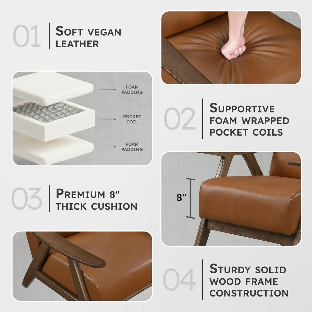 Faux Leather Accent Chair with Walnut Wood Frame, Brown