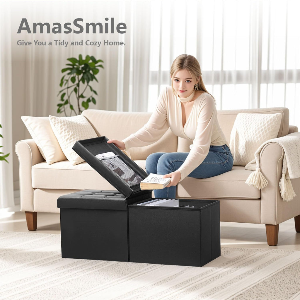 Footrest Ottoman Storage Bench, 34" Leather Folding Chest, Black