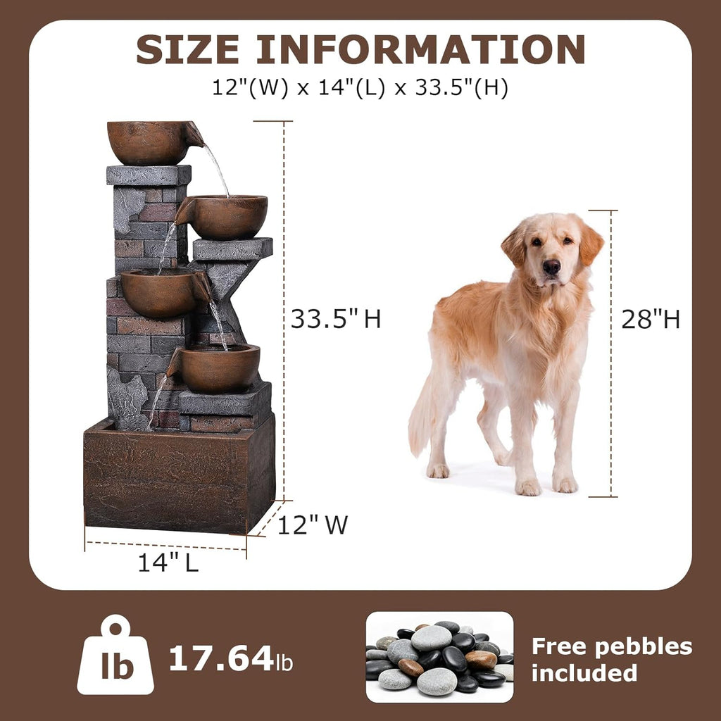 33.5" Tall Outdoor Water Fountain,4 Tiered Cascading Bowl Outdoor Freestanding Fountains with Light