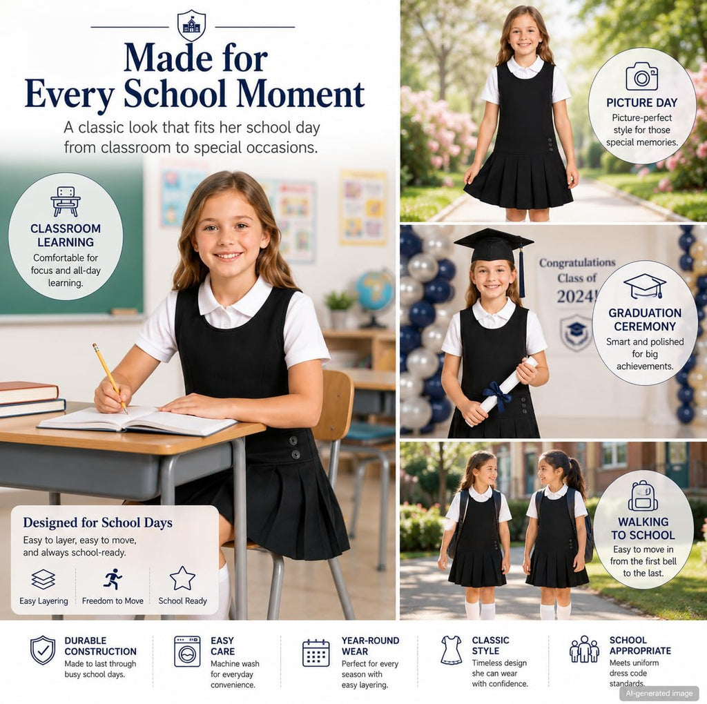 Girls School Uniform Jumper: Sleeveless Pleated Dress
