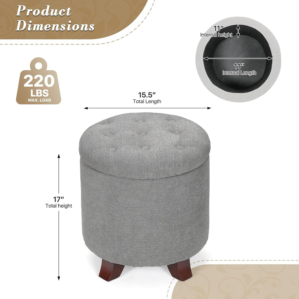 15 Inch Small Ottoman with Storage, Round Linen Fabric Storage Ottoman Foot Rest with Removable Lid, Multipurpose