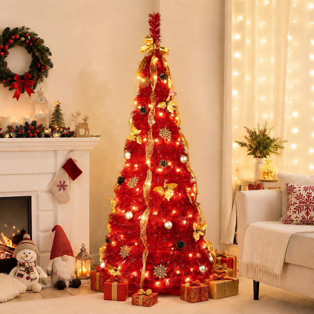 6ft Pop Up Artificial with Lights, Decorated Prelit Collapsible with 150 Warm White Lights, Pull Up Xmas Trees for