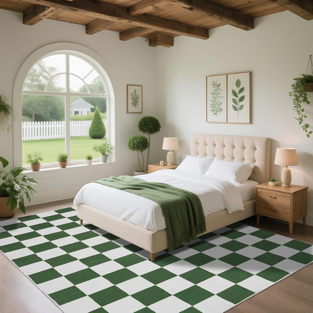 Washable Checkered Rug, 5x7 ft Green and White Rug, Low Pile Area Rugs with Non-Slip Backing Playroom Classroom