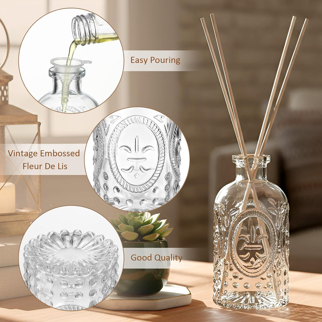 Set Glass Reed Diffusers Bottles Vintage Design Embossed Fleur - Set of 2