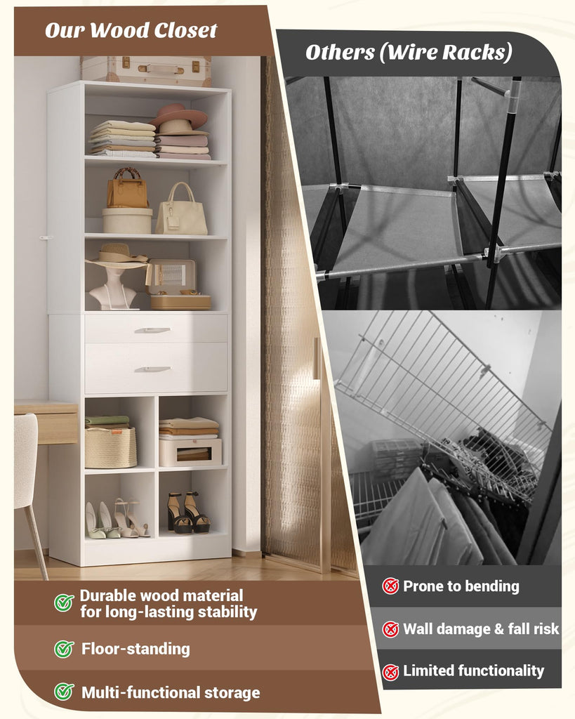 22" Closet System with Drawers, Small Closet Organizer for Walk in Closet, Wardrobe Storage Unit with Storage and
