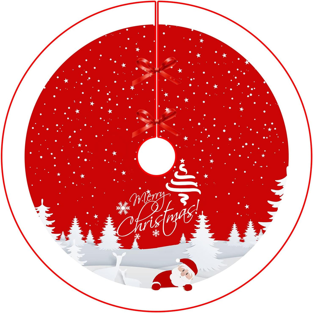 Christmas Tree Skirt Red Xmas Tree Ornaments for White Soft Plush Christmas Tree Mat with Snowy Pattern